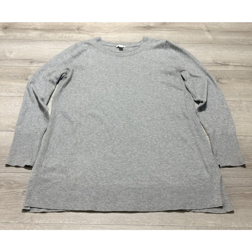 J. Jill Cotton Blend Light Gray Rib Knit Boat Neck Split Ribbed Hem Sweater M